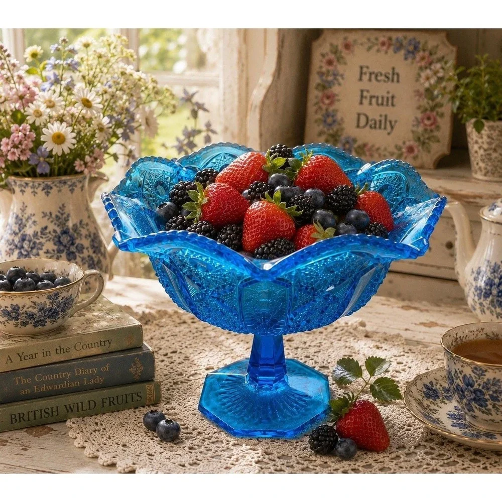 L E Smith Heritage Quintec Blue Stemmed Footed Compote Dish Bowl Cottage Core